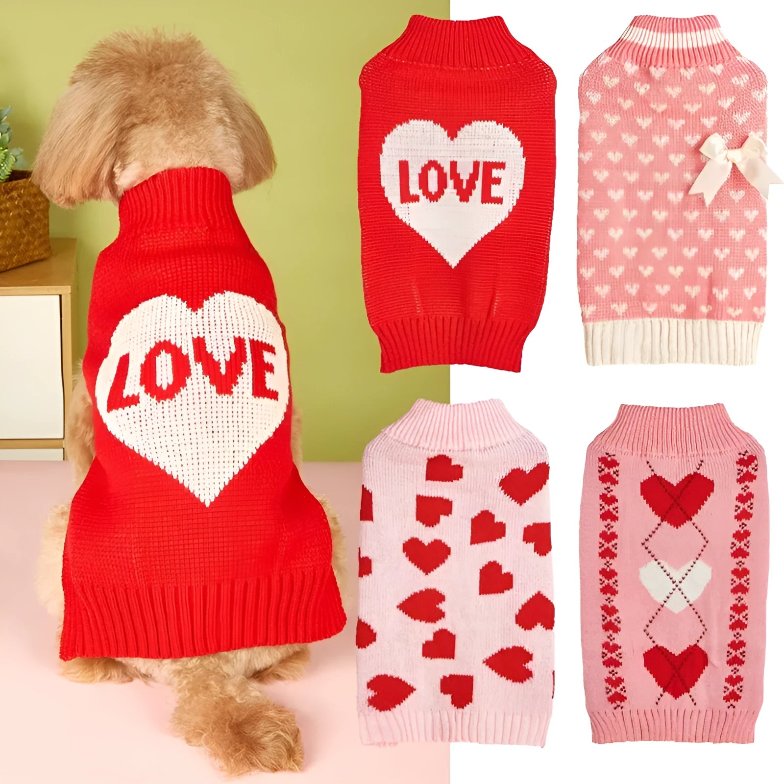 Ins style acrylic dog sweater with decorative bow and love heart design in multiple colour options