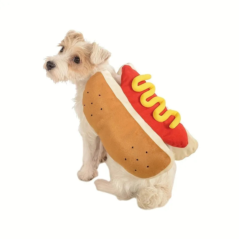 A dog wearing a stuffed hot dog costume coat in winter