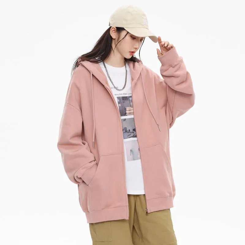 Men's solid colour hooded cardigan sweatshirt in loose fit polyester, front view