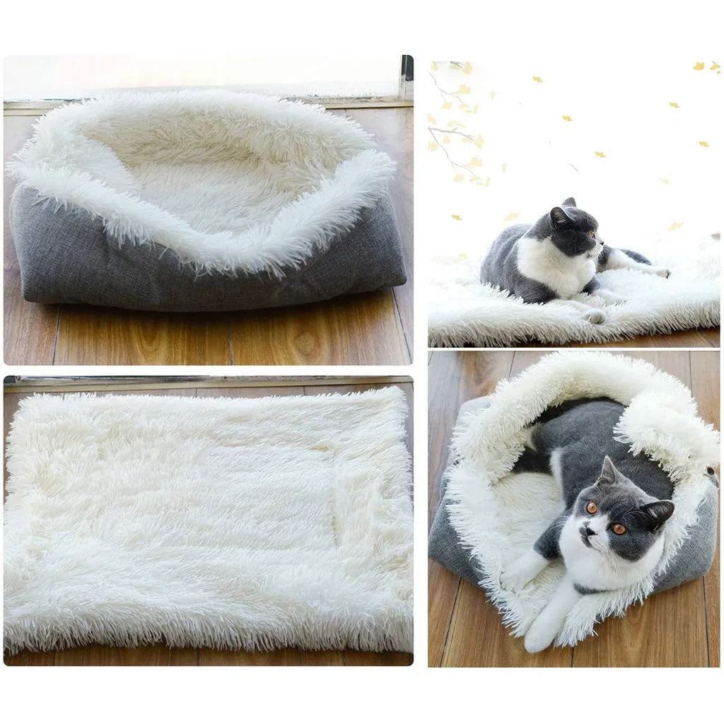 Grey pet warm pad with long plush hair and black non-slip bottom for cats and dogs