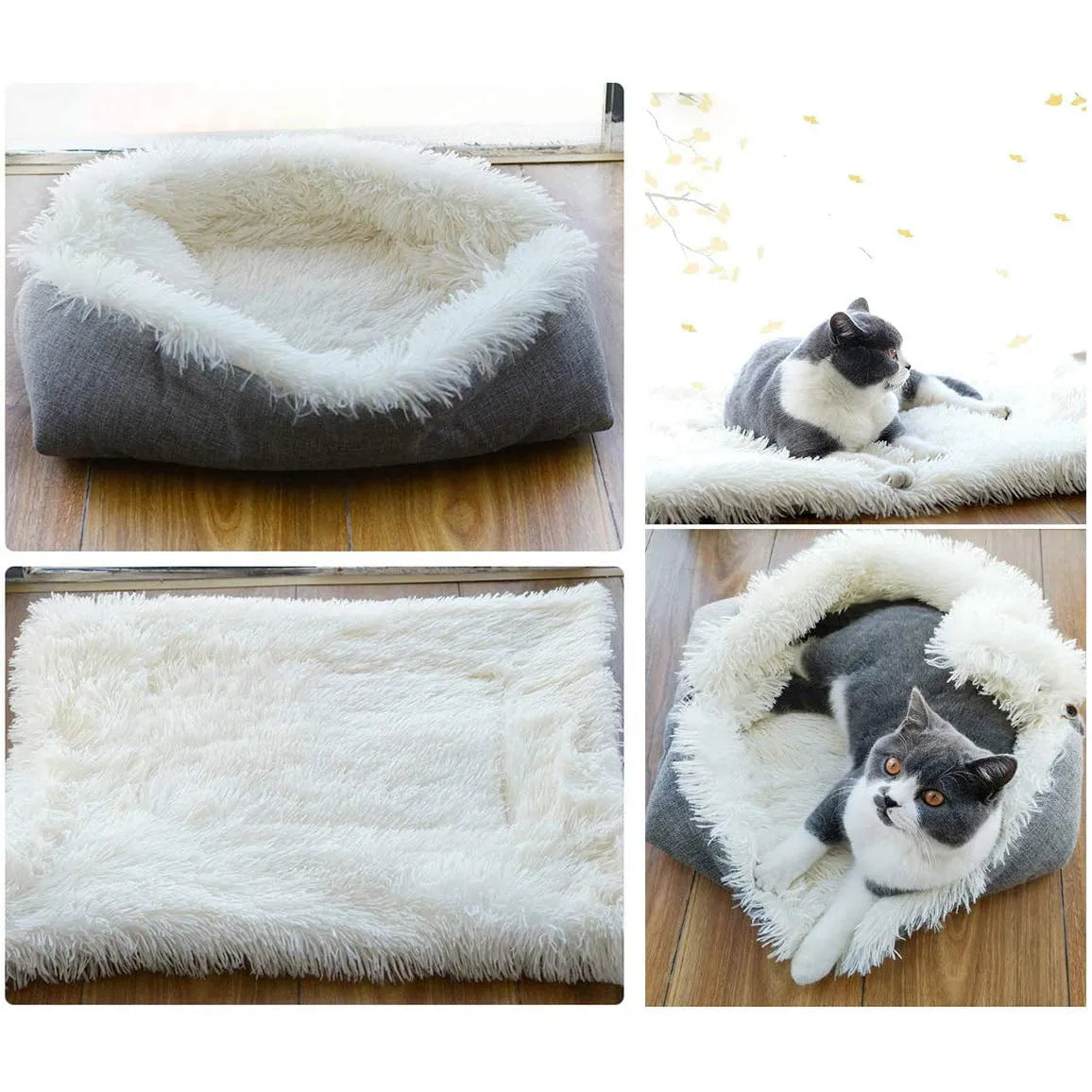 Grey pet warm pad with long plush hair and black non-slip bottom for cats and dogs