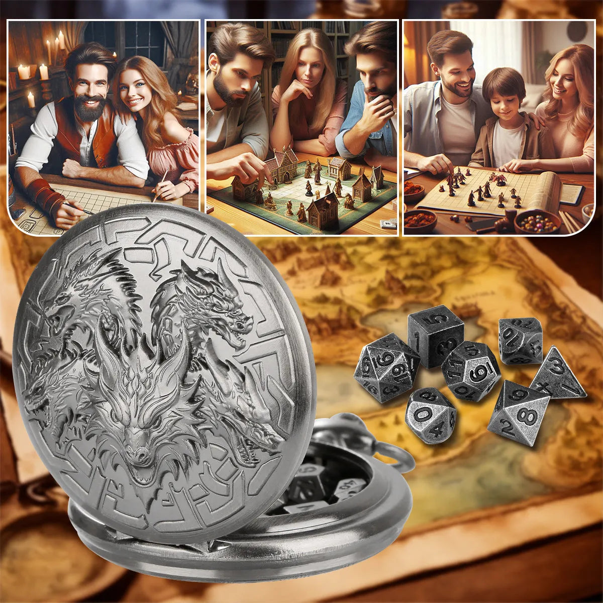 Steampunk pocket watch shaped dice set open revealing 7 polyhedral dice in zinc alloy bronze finish on dark background