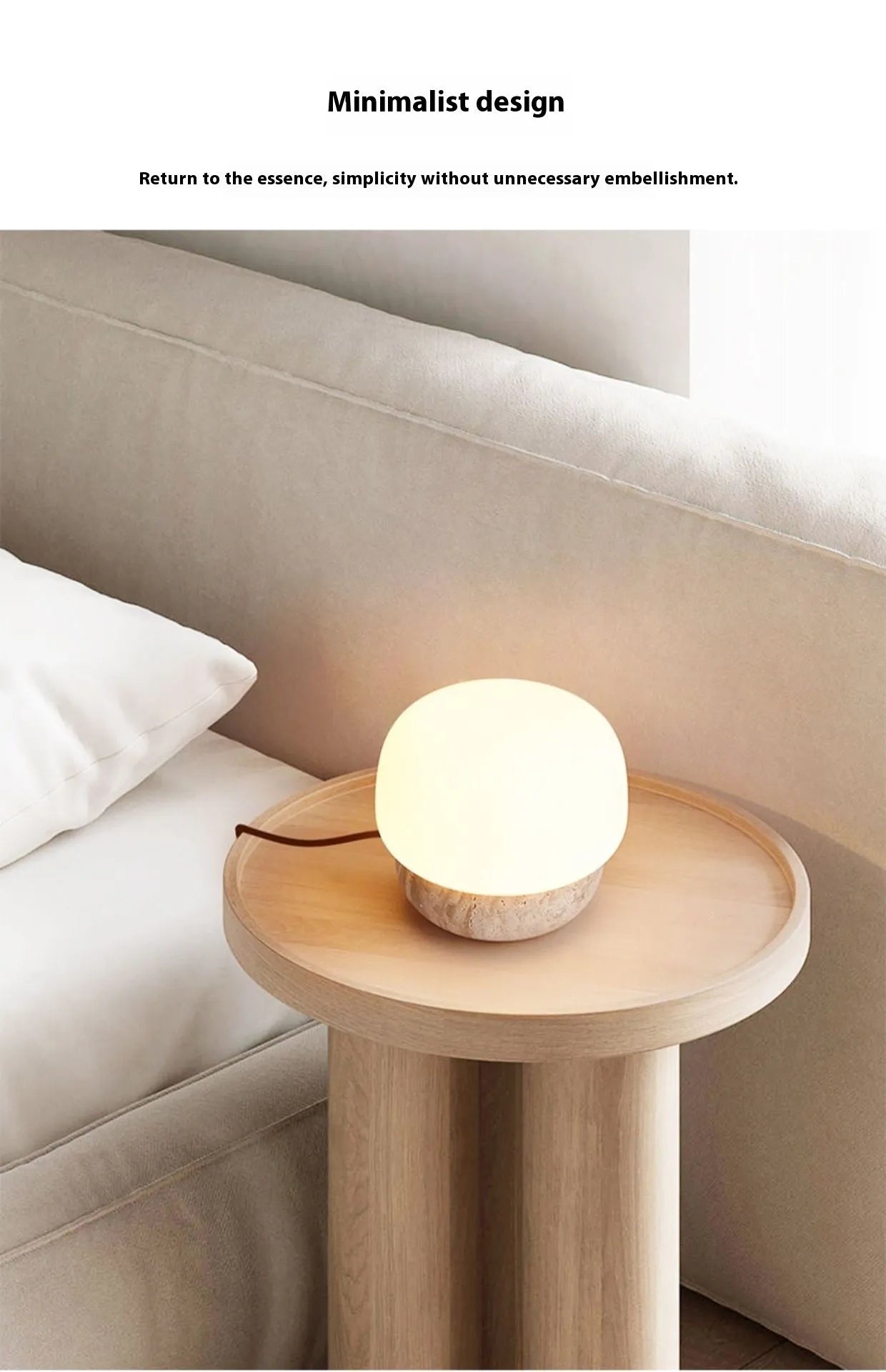 Cream retro bedside lamp with button switch measuring 18cm by 17cm on wooden table