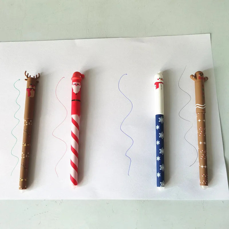 Four Christmas-themed erasable gel pens in a sleeve: Santa, gingerbread man, elk, and snowman designs