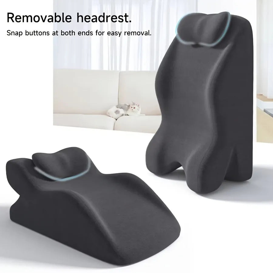 A stomach sleeping pillow shown in one of four colour options: blue, dark grey, green, or light grey.