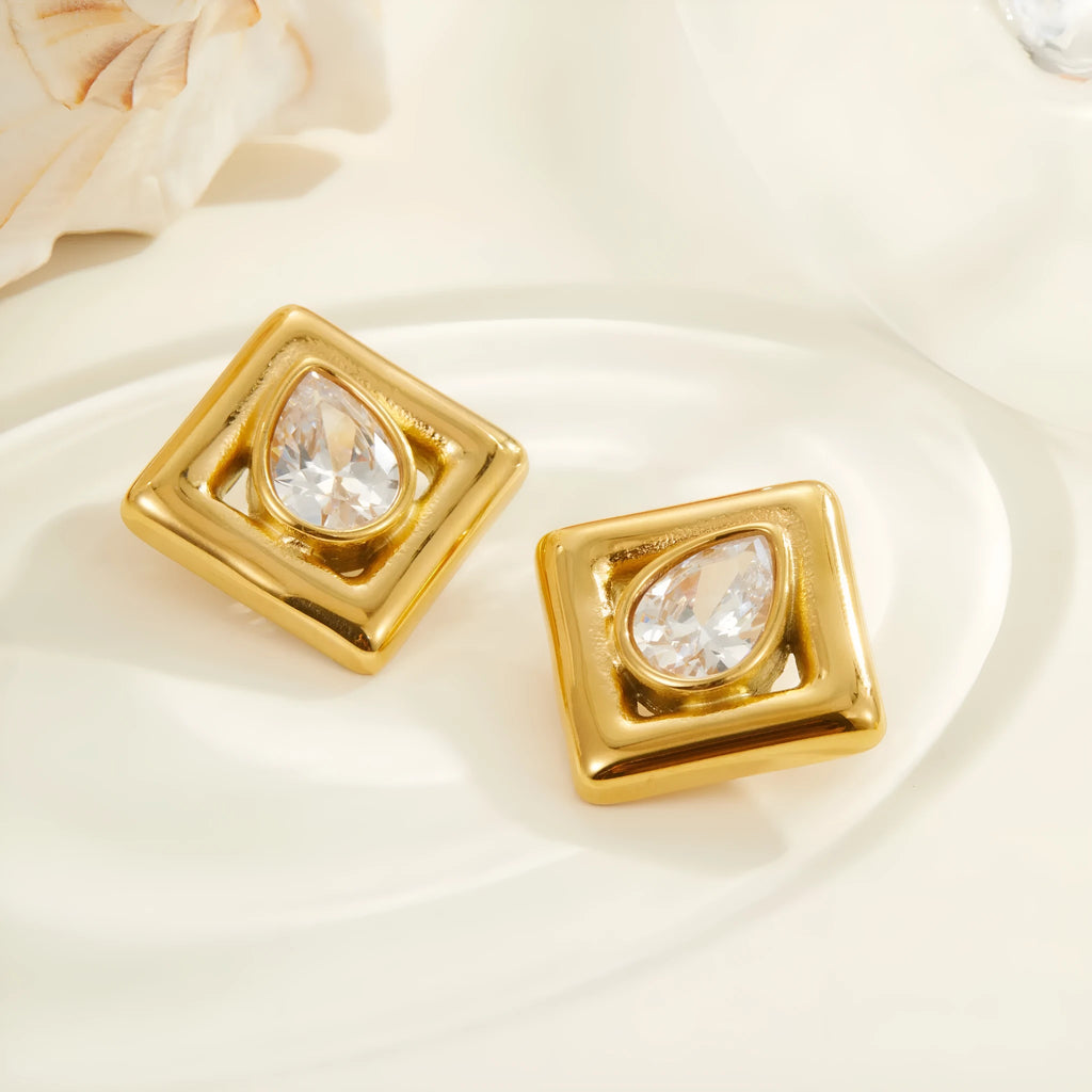 Geometric stud earrings with water drop zircon stones in gold electroplated stainless steel