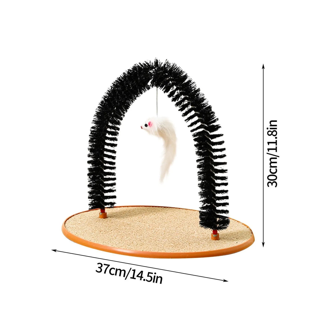 Black plastic cat hair rub anti-itch device with arch brush and attached lanyard mouse toy