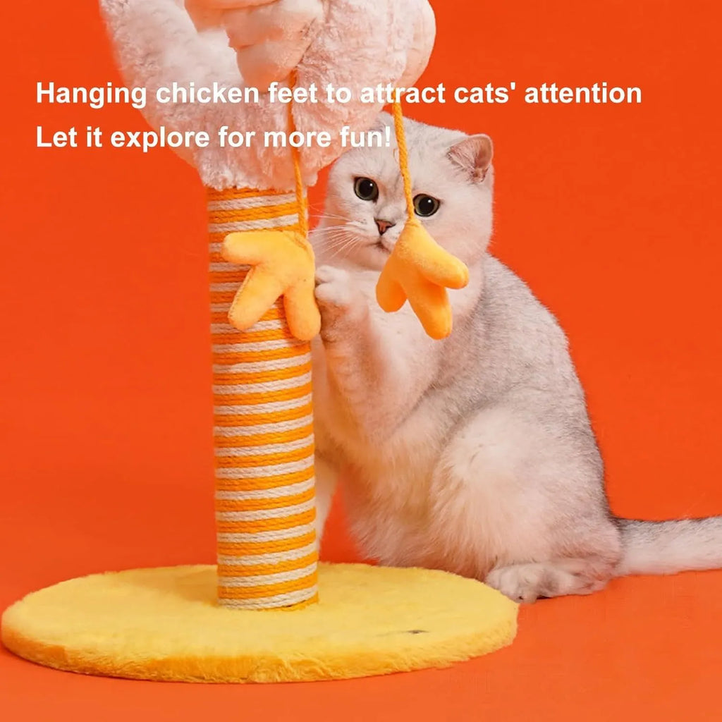 Yellow vertical cat scratching post with sisal rope and spring ball top, measuring 88cm tall.