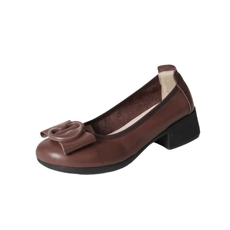 Low-cut genuine cowhide leather women's mid heel slip-on round head pumps in black wedge heel style