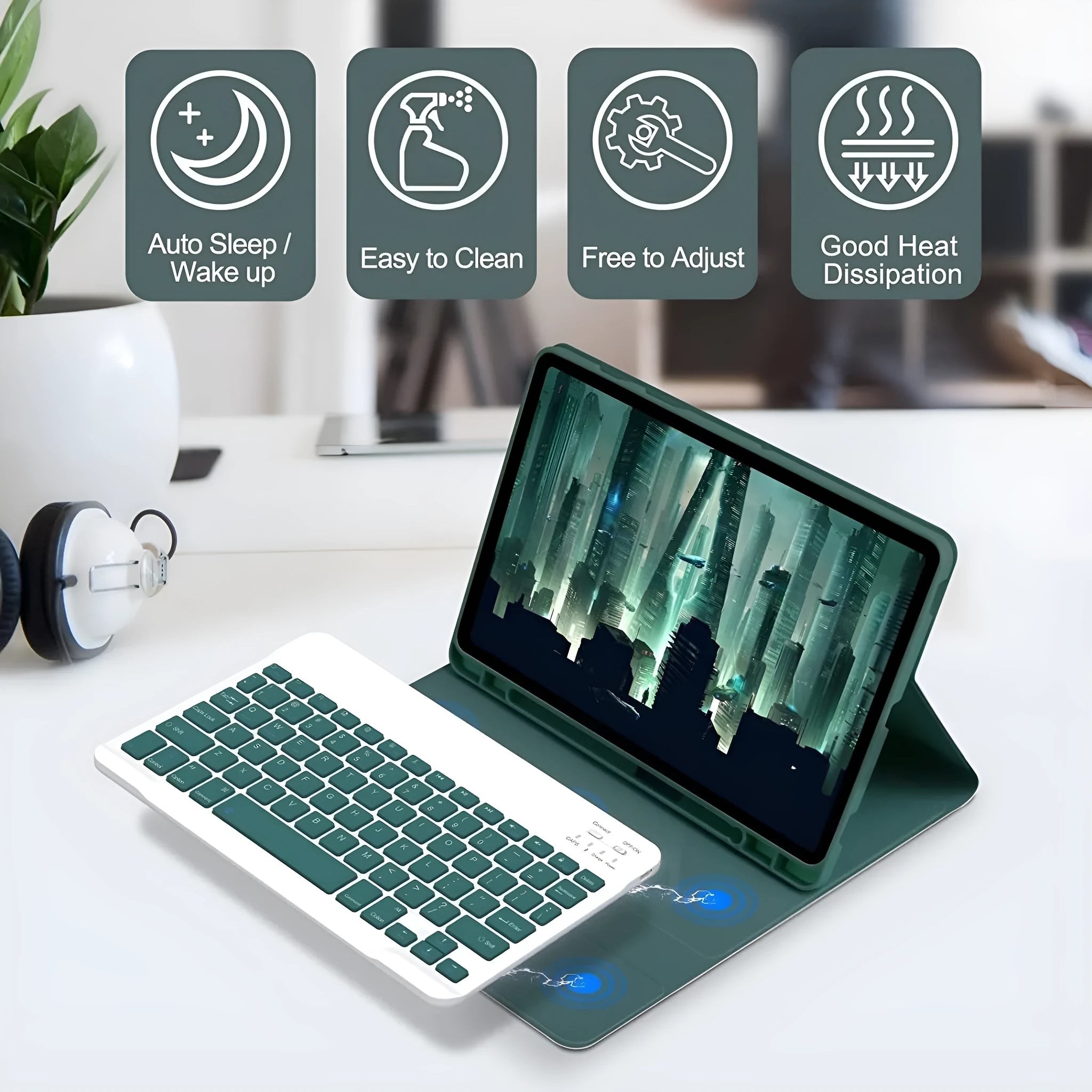 Samsung Galaxy tablet in a TPU protective case with a matching Bluetooth keyboard and charging mouse.