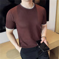 Men's round neck contrast colour stretch knitted short sleeve t-shirt in black, brown, and white