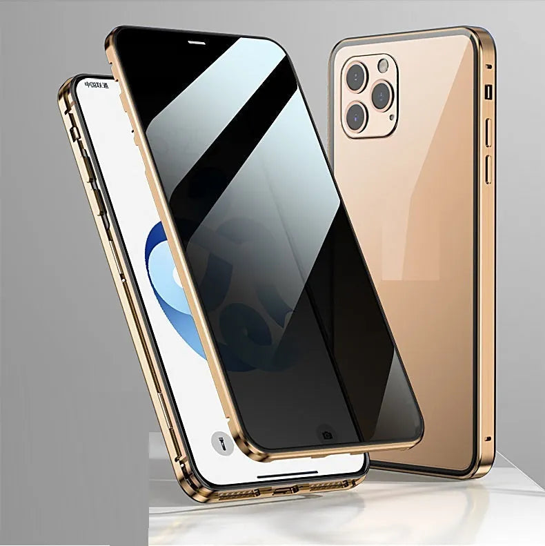 Double-sided tempered glass metal frame magnetic phone case for iPhone with anti-spy privacy front, available in gold