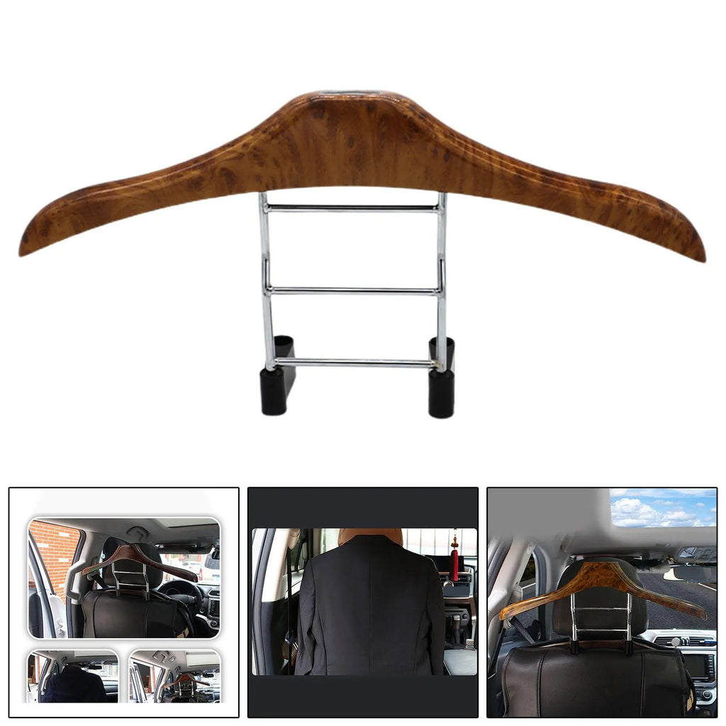 Wood yellow stainless steel and ABS car mounted clothes hanger measuring 46.5 by 23 cm