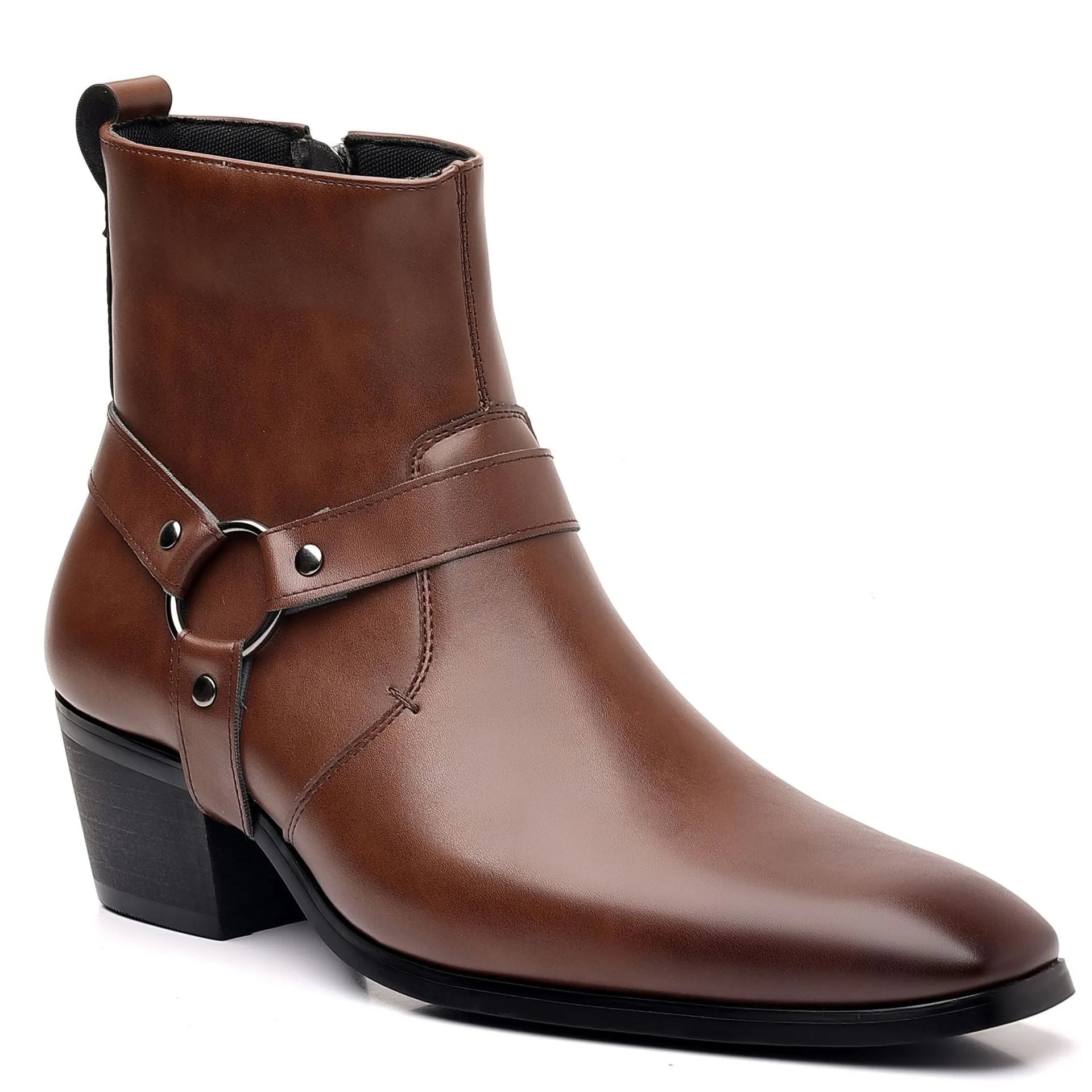 Trendy wild chain boots for men and women in black, artificial PU upper, rivet detail, side zipper, horse-shoe heel
