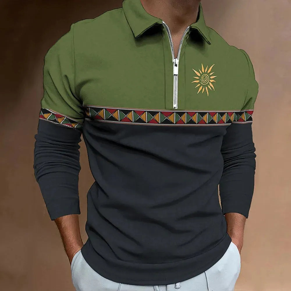 Men's loose-fit long-sleeve t-shirt with retro colour printing and zip decorations on sleeve