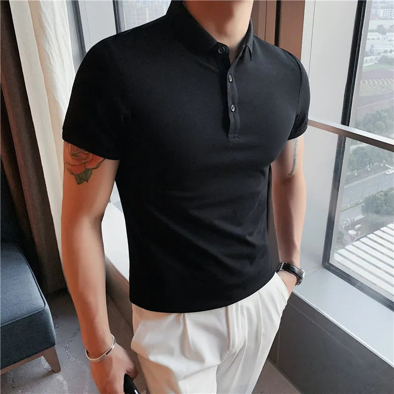 Solid colour cotton blend polo shirt with lapel collar and short sleeves in tight Korean fit.