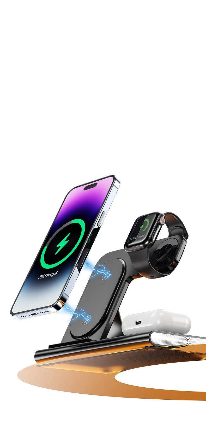 Black folding four-in-one wireless charger for phone and watch, 165X141.4X19MM plastic USB charging station