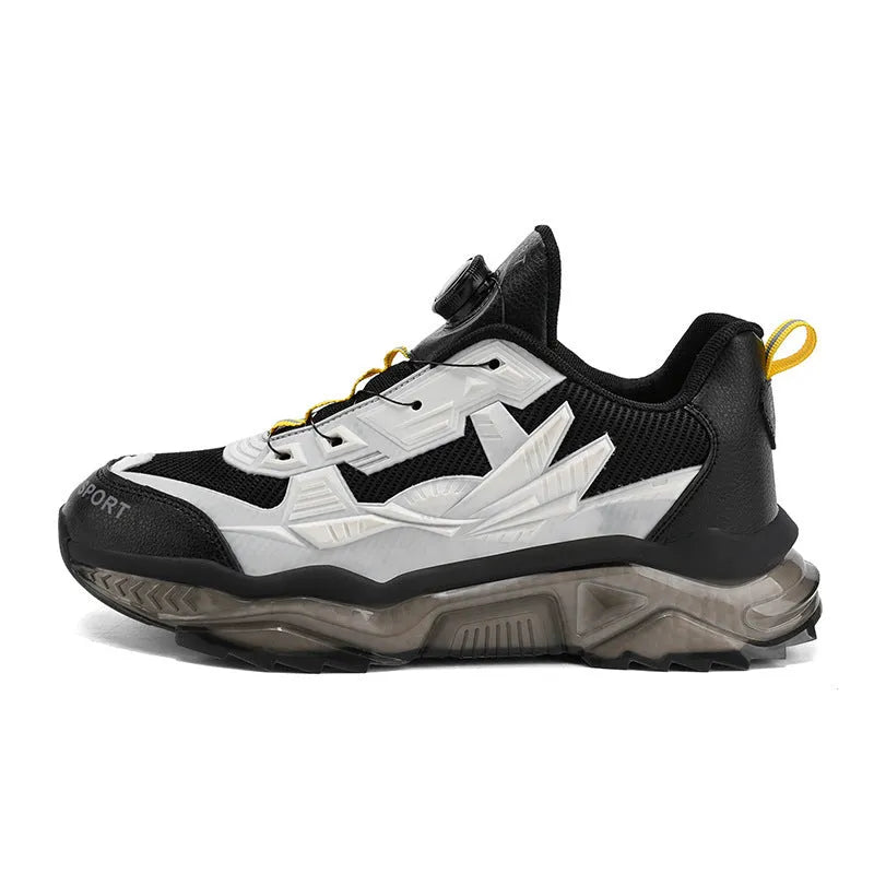 Men's black rotating button dad shoes with mesh upper and platform sole on a white background
