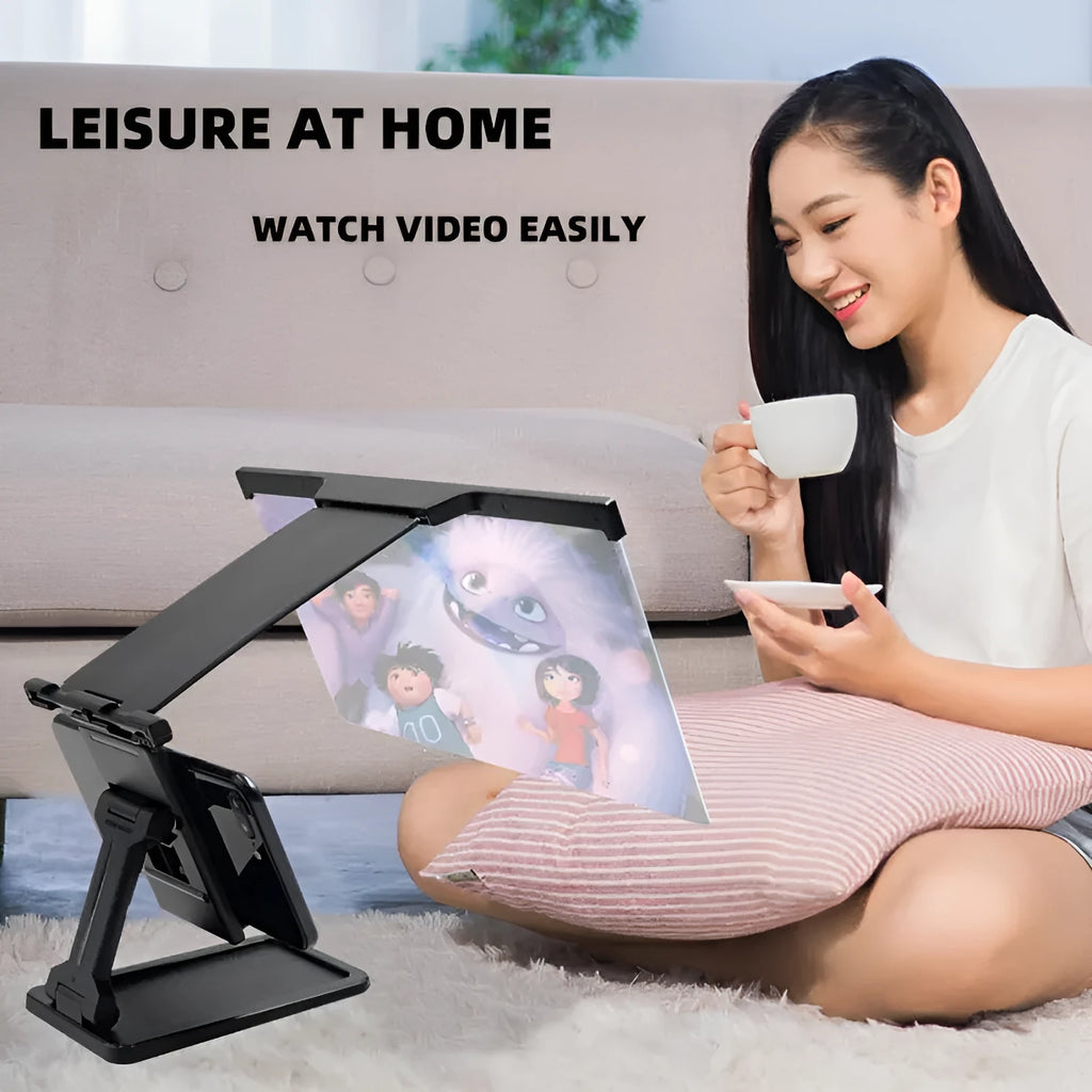 Black folding mobile phone screen amplifier with detachable holder showing 12 inch curved display