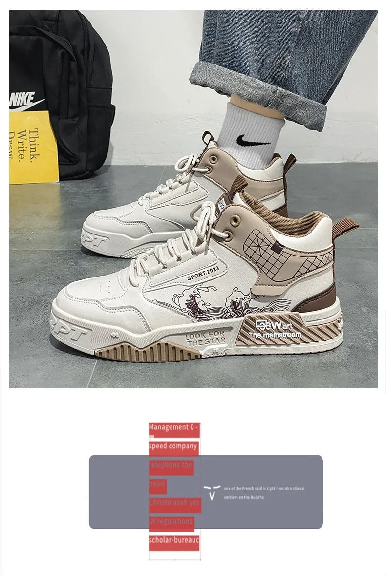 Men's high-top board shoes in beige, white and blue colours with mesh lining and rubber sole