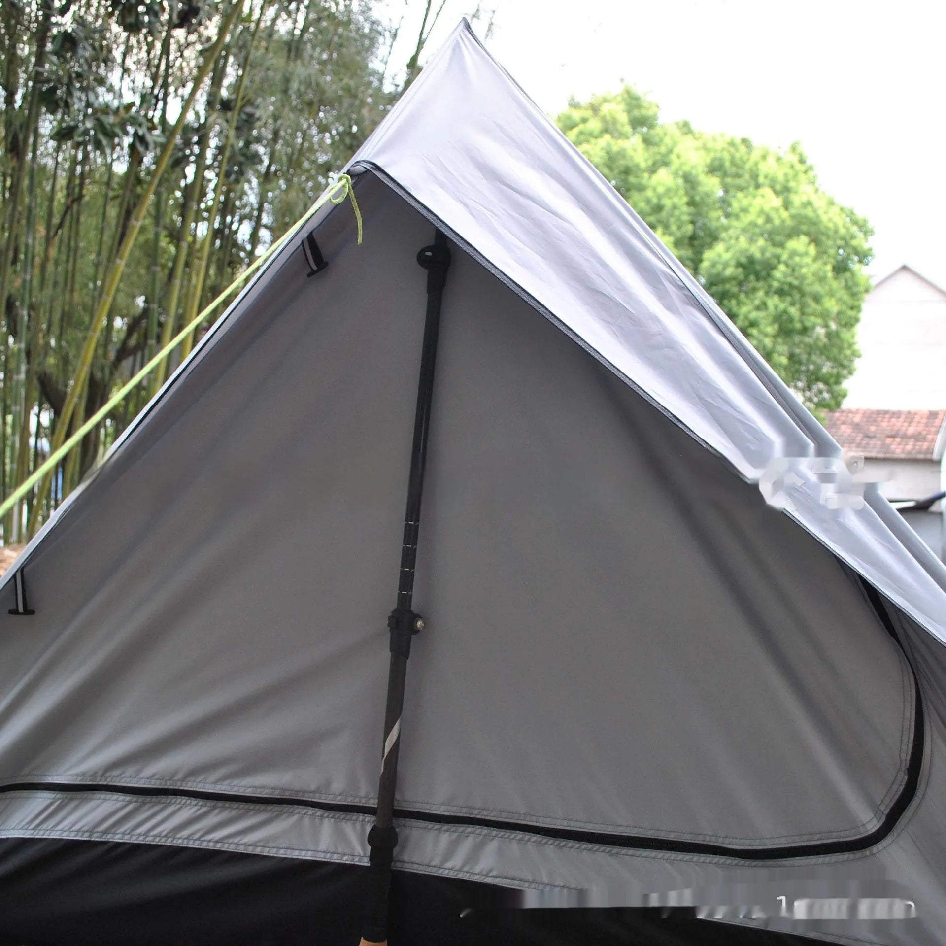 Brown or white A-line hiking tent pitched with hiking poles showing 210x150x110cm dimensions