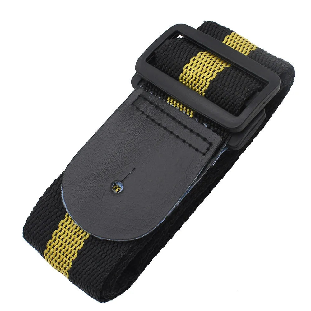 Woven striped crossbody guitar strap shown in multiple colours including army green, dark blue, red, white, and yellow.