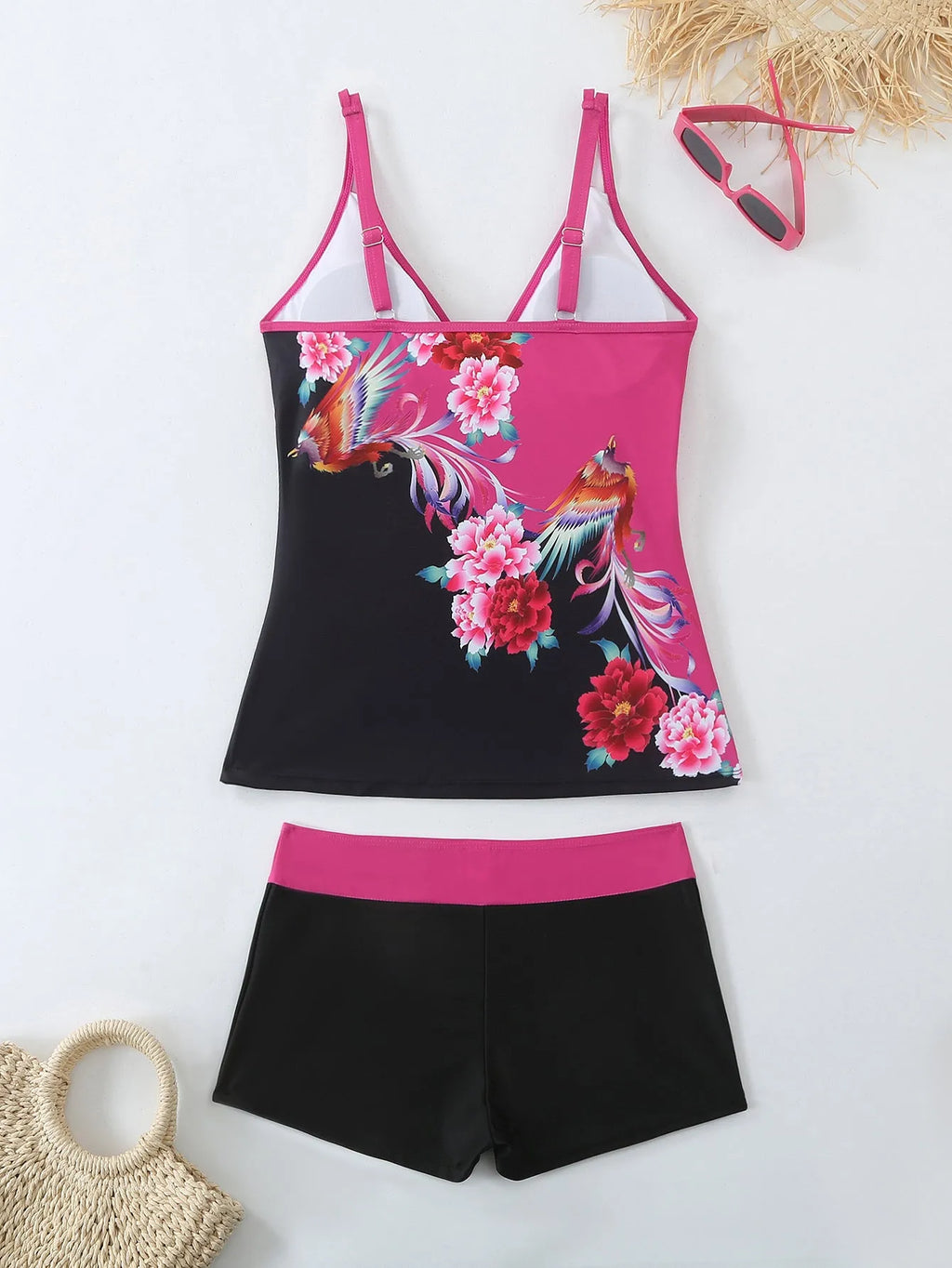 Women's plus size printed colour swimsuit briefs in black and rose red
