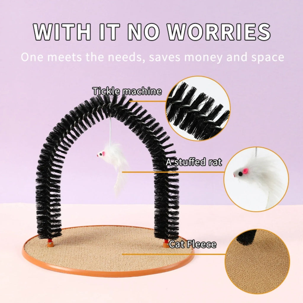Black plastic cat hair rub anti-itch device with arch brush and attached lanyard mouse toy