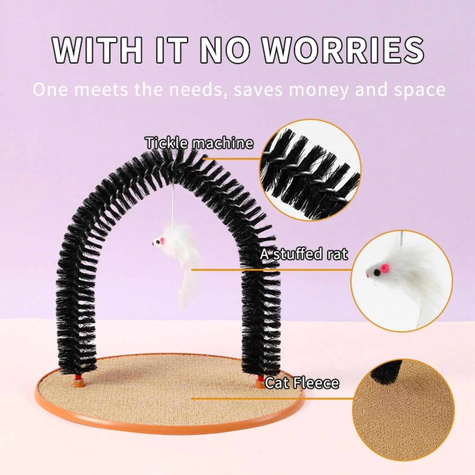 Black plastic cat hair rub anti-itch device with arch brush and attached lanyard mouse toy