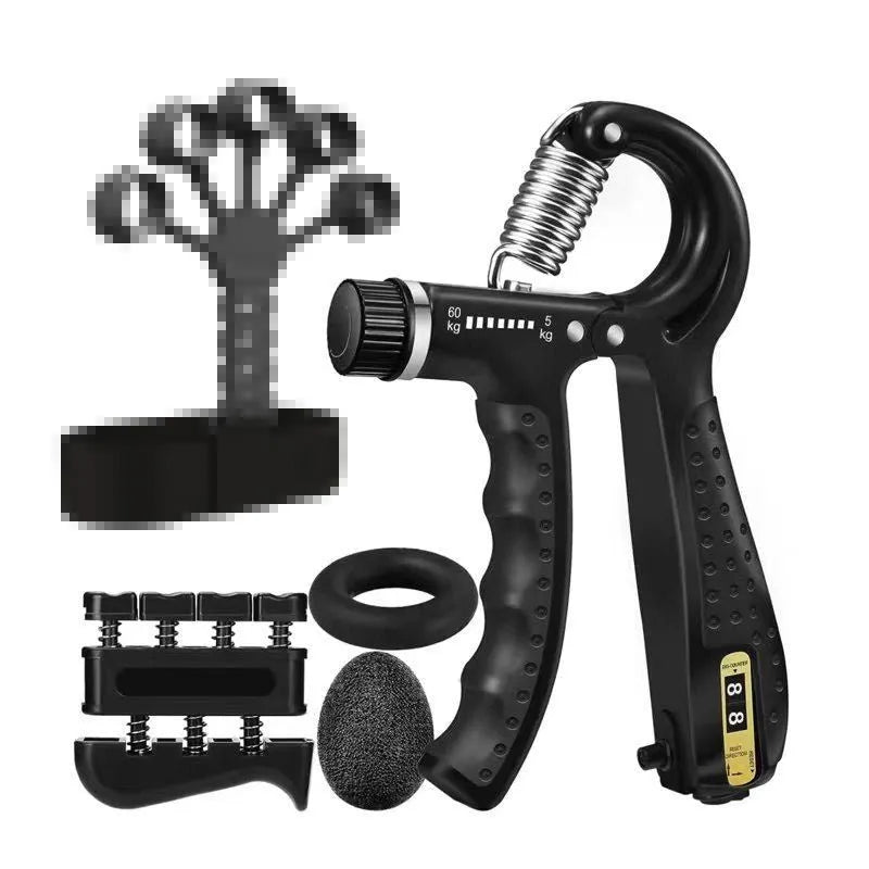 Adjustable count spring grip five-piece set with counting grip, piano grip, five finger trainer, silicone hand grip, and TPE egg ball in black