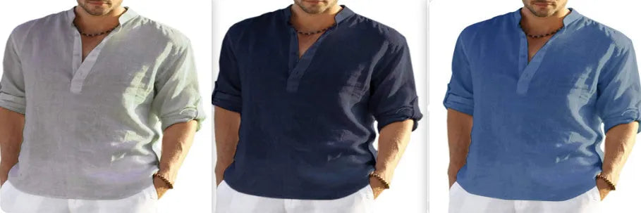 Men's solid colour long sleeve shirt with a stand collar, made from a cotton and linen blend fabric.
