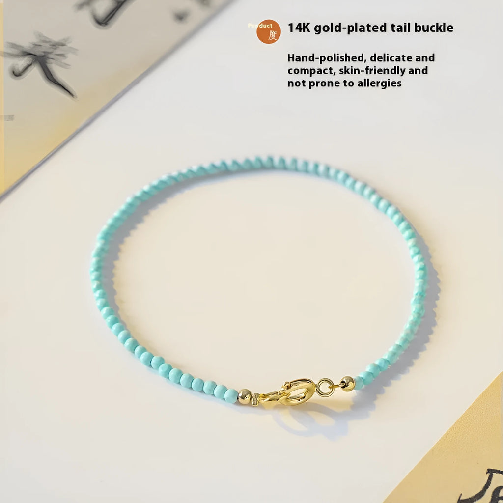 Women's 2mm raw ore turquoise bracelet with geometric beads and extension chain in Chinese style