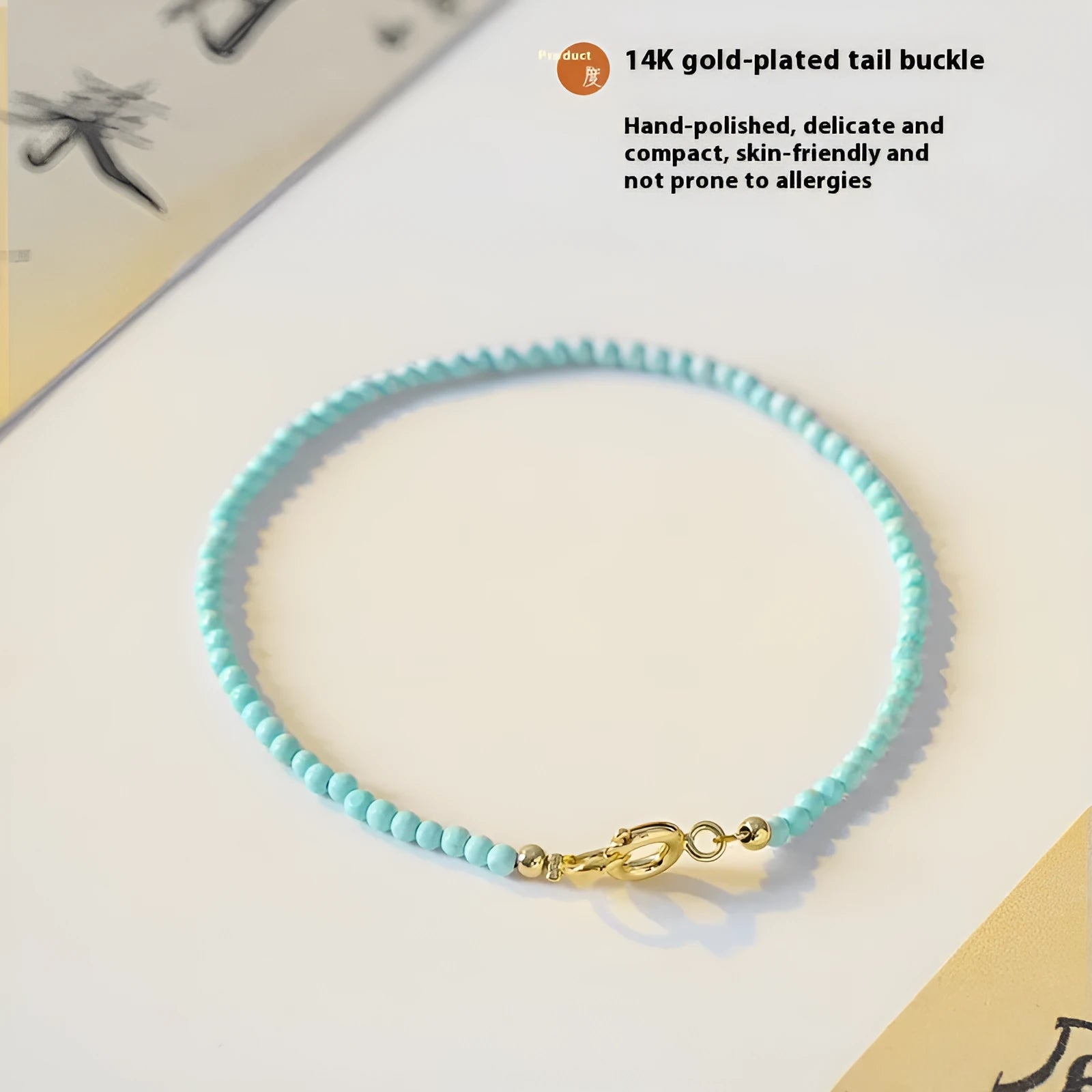Women's 2mm raw ore turquoise bracelet with geometric beads and extension chain in Chinese style