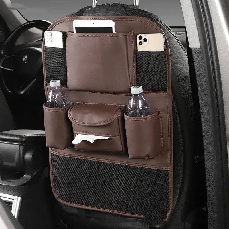 Leather car seat back storage bag in hanging design available in four colours