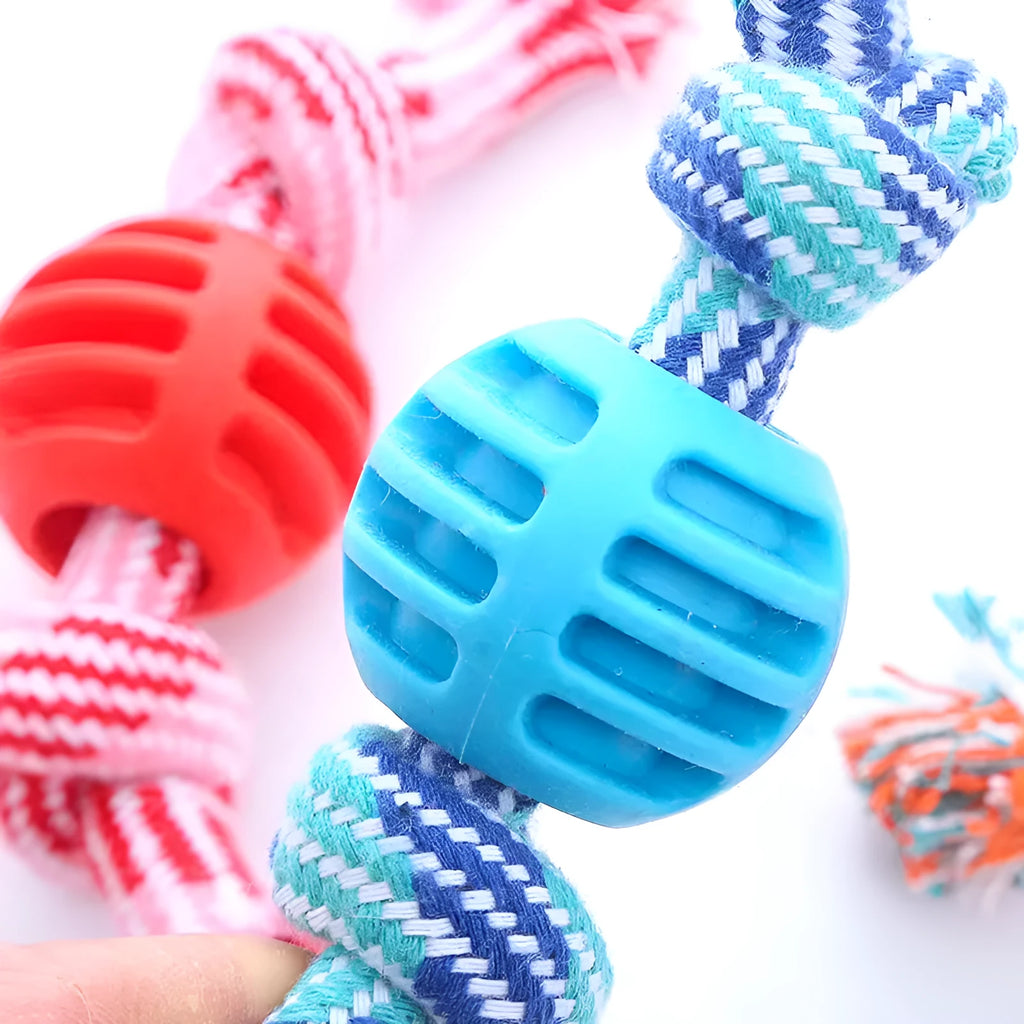 Cotton rope double knot ball dog toy in five colours for chewing and teeth cleaning