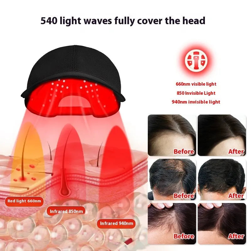 Black infrared peaked cap with 180 LED lights for hair growth and hair care treatment