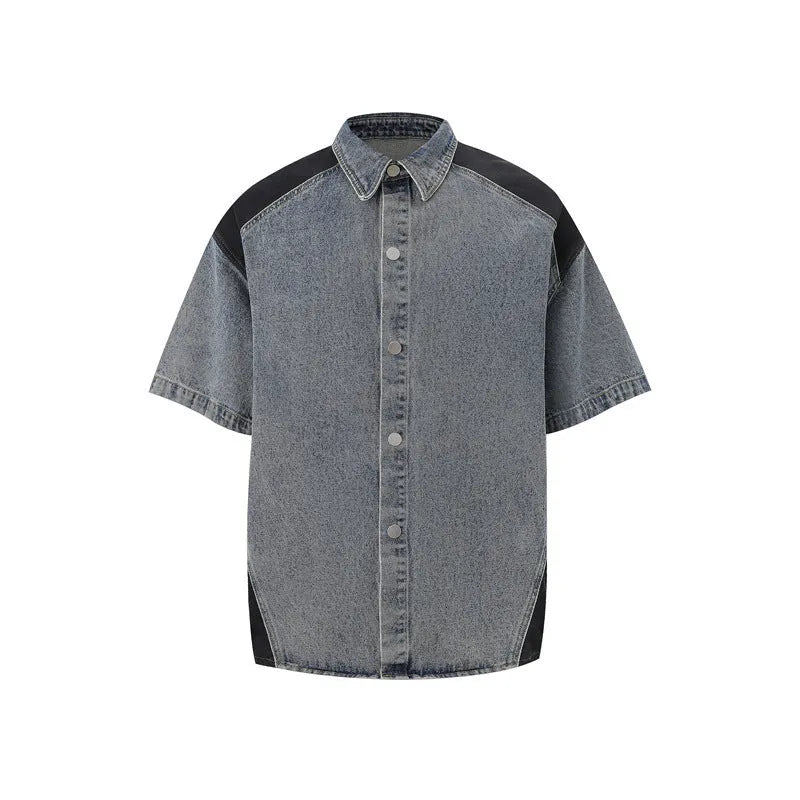 Men's washed denim jeans suit two-piece set with short sleeve jacket and matching trousers