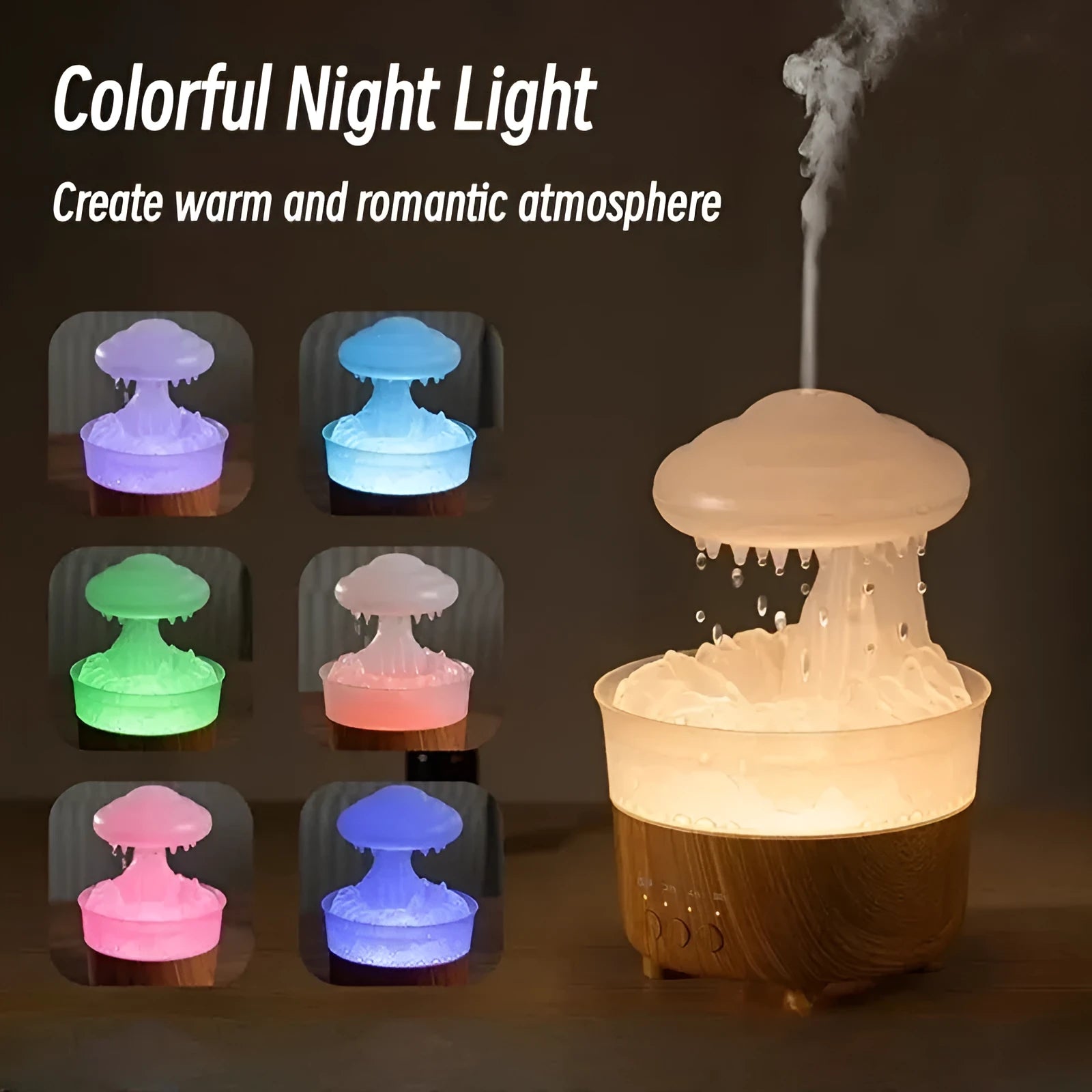 Wood grain white cloud shaped humidifier and essential oil diffuser with coloured LED lights on