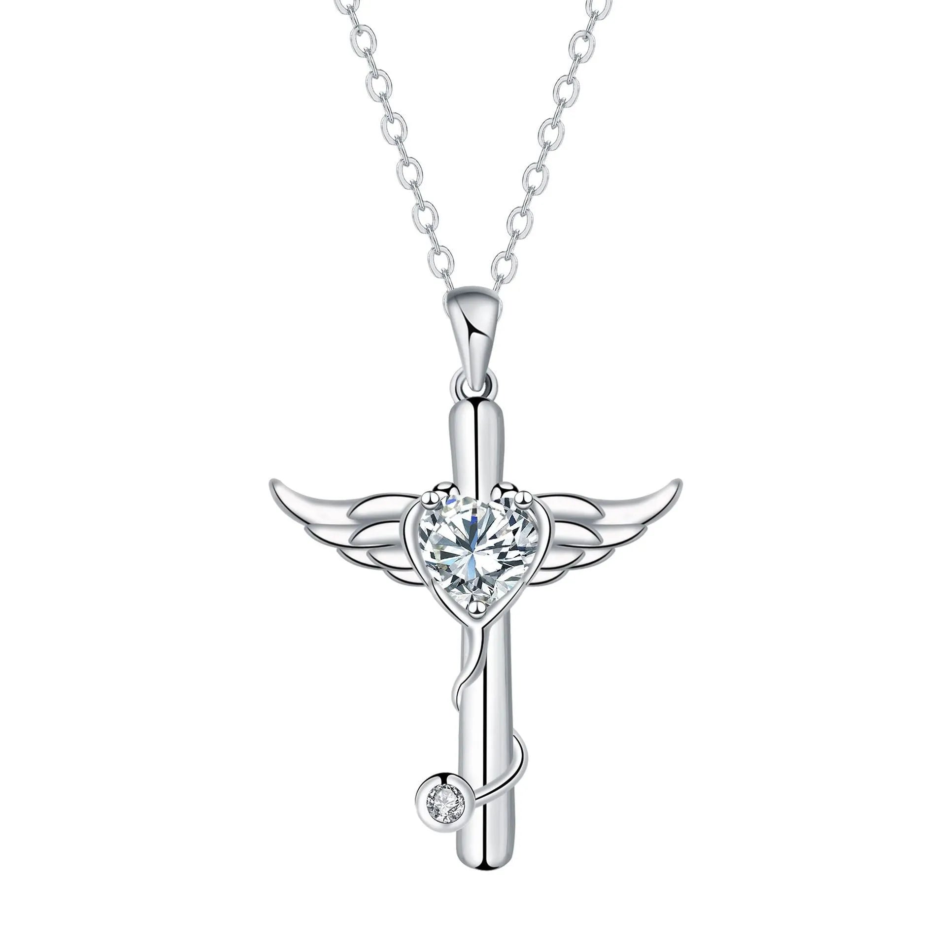 Copper cross stethoscope necklace with wings charm in white diamond or red diamond electroplated finish