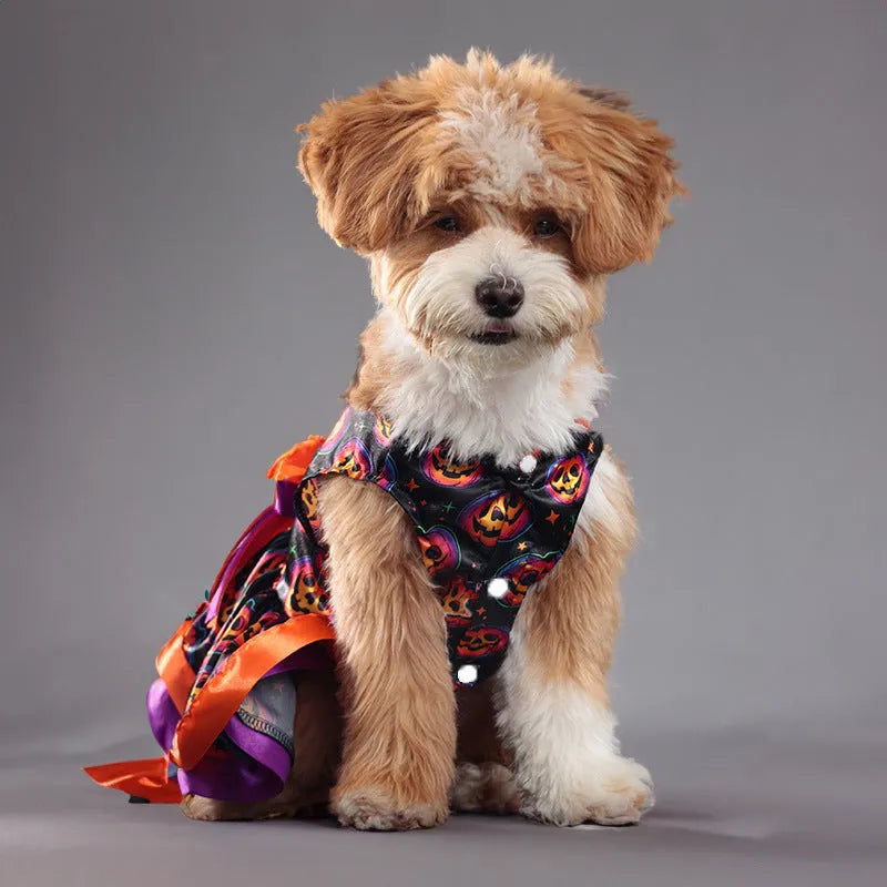 Halloween dog skirt in colourful pumpkin print with double-layer construction for pet costume