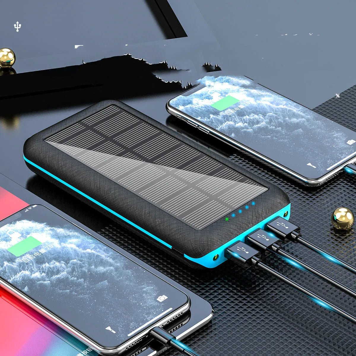 Black wireless power bank with Qi charging pad, three USB ports, and LED flashlight showing capacity display.