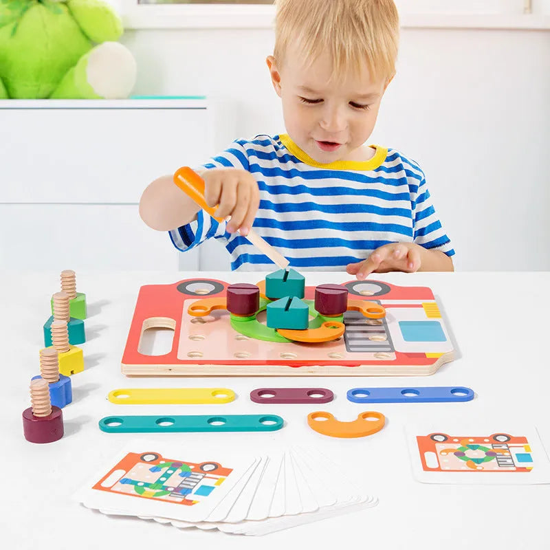 Wooden twist screw puzzle board with changeable shape and colour pieces for toddler matching game