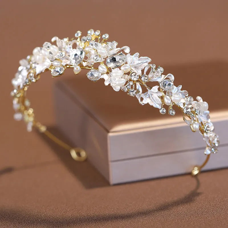 Alloy pearl crown headdress with electroplated gold finish and European styling