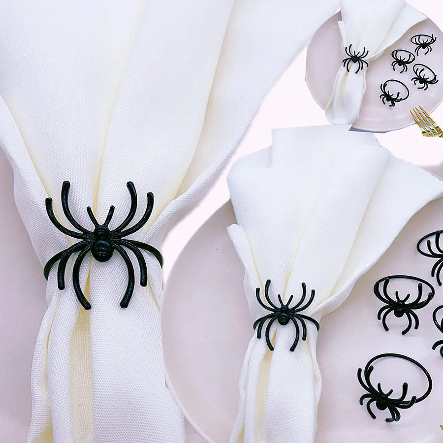Six black spider-shaped alloy metal napkin rings for Halloween table decoration