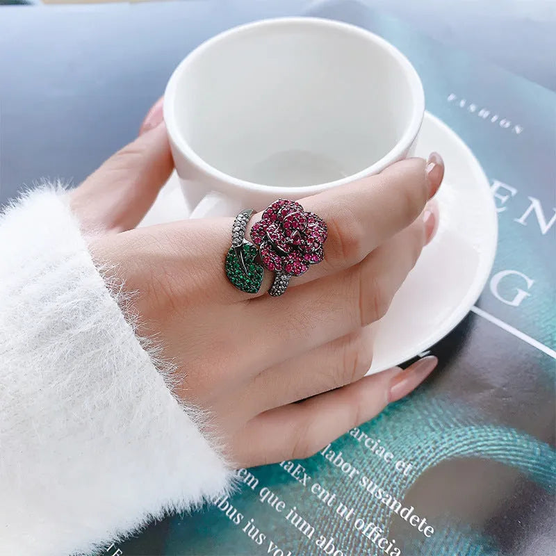Black gold geometric flower ring with simulation red corundum on copper