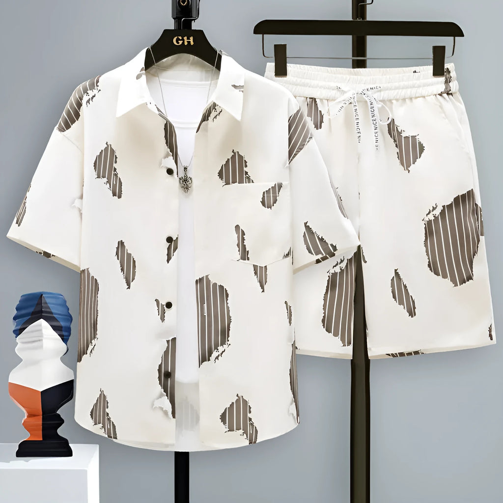 Men's grey casual short sleeve top and matching shorts two-piece set on a hanger.