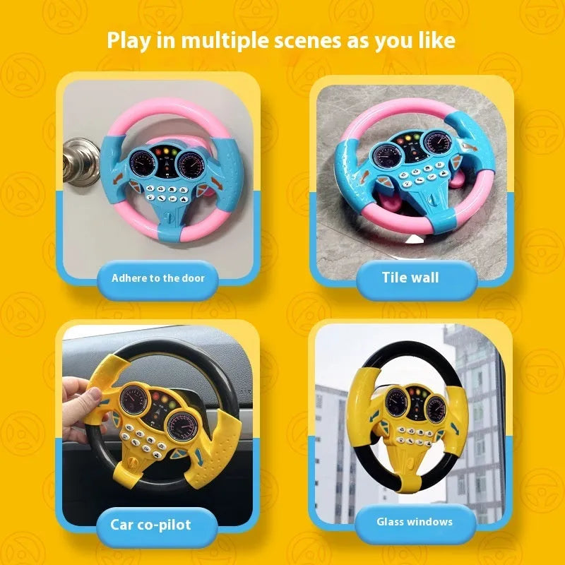 Pink plastic suction cup analog steering wheel toy with music buttons for children aged 4-6 years