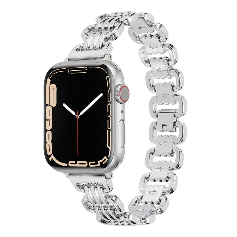 Alloy metal Apple Watch replacement band in silver, black, gold, rose gold, and starlight colours with adjustable clasp.