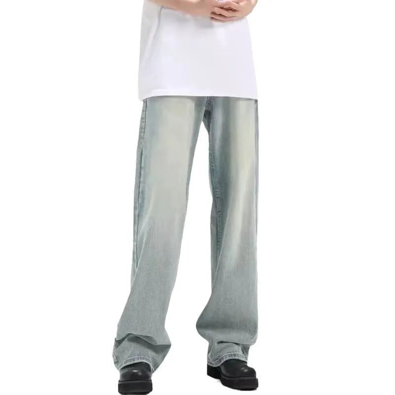 Blue retro-style loose casual trousers made from rabbit fur fabric on a model