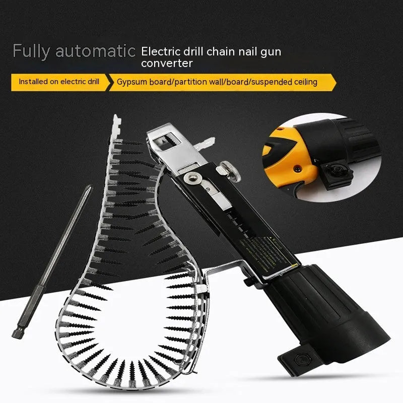 Metal chain screw gun head attachment for electric screwdrivers with cross head and gun rack